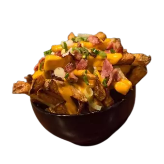 Papas con cheddar, panceta y verdeo