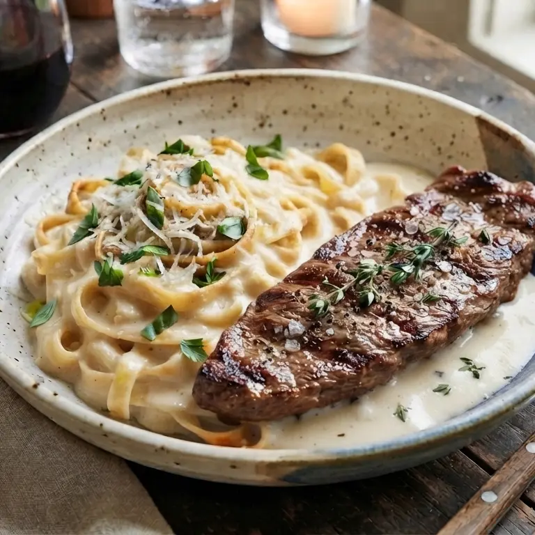 FETUCCINI ALFREDO CON CHURRASCO