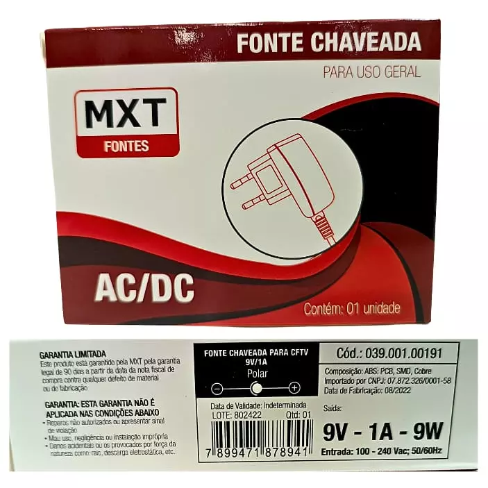 FONTE MXT 9V 1A 9W