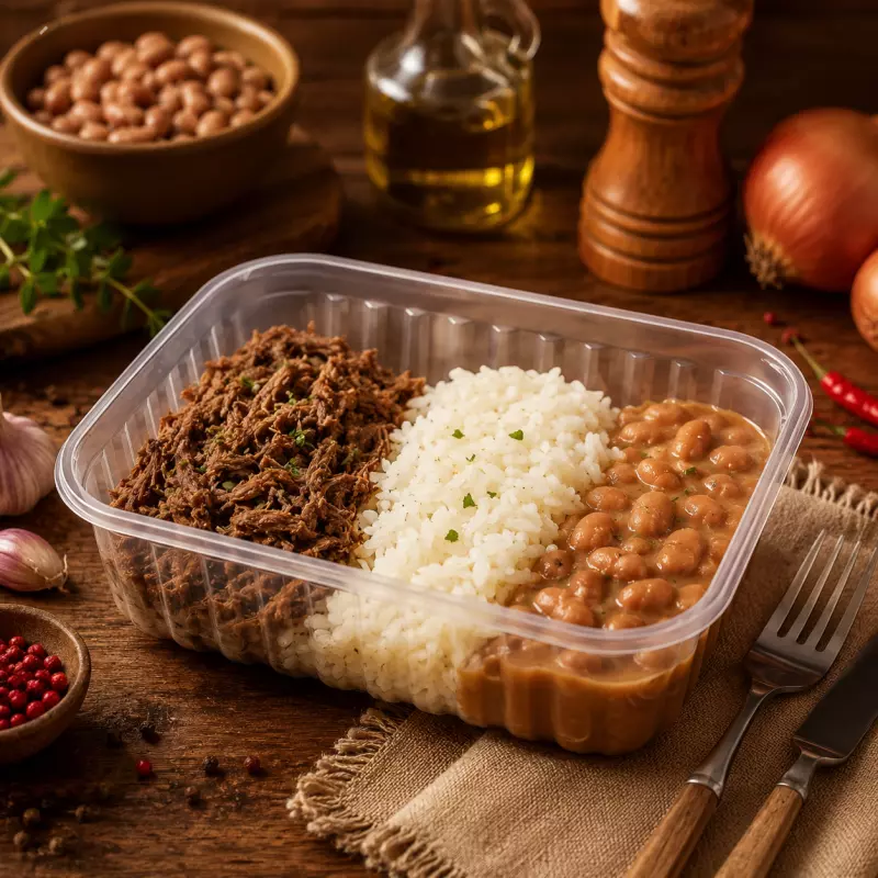 Carne Desfiada, Arroz e Feijão