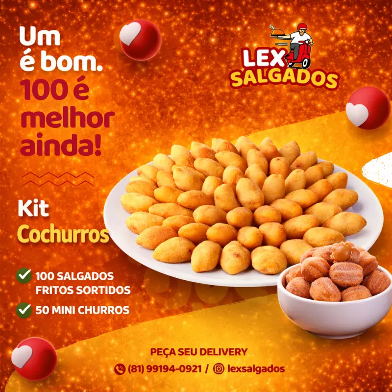 100 salgados 50 churros