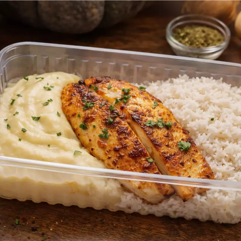 Filé de Merluza c/ Purê e Arroz