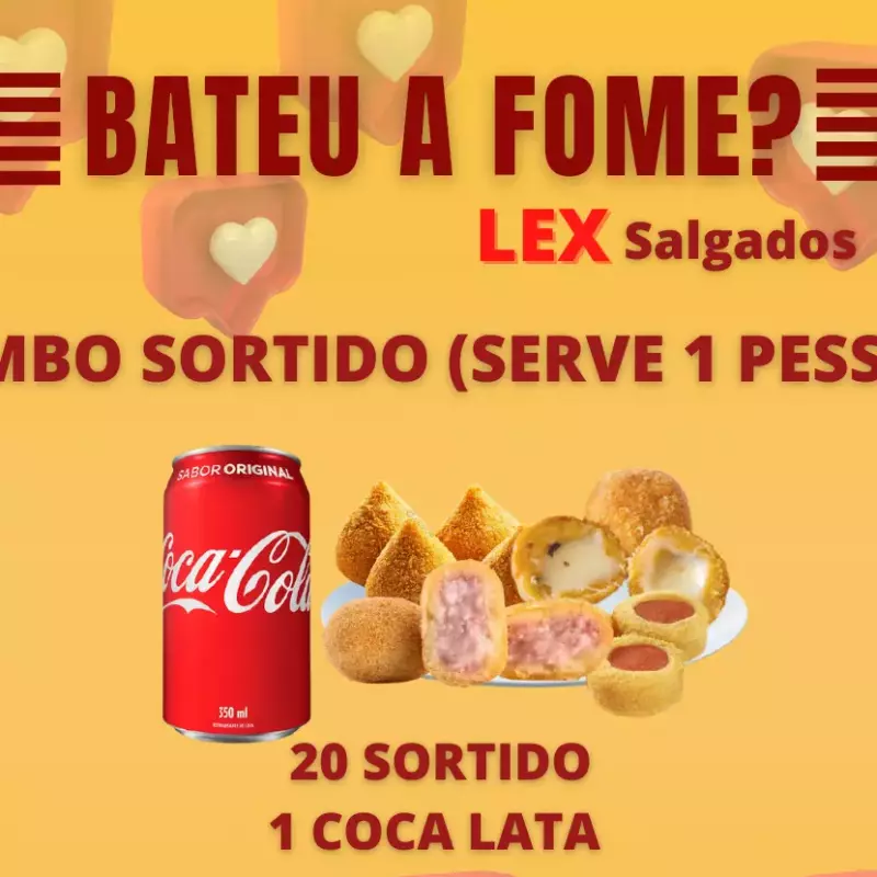 20 salgados sortido + 1 coca Lata