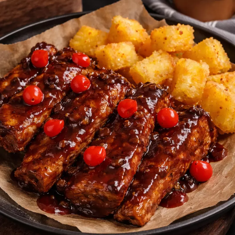 Costelinha barbecue - mandioca frita