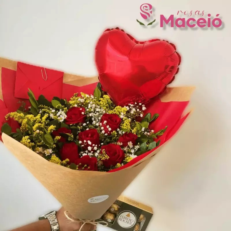 Buquê8 rosas+balão+chocolat +Cartinh