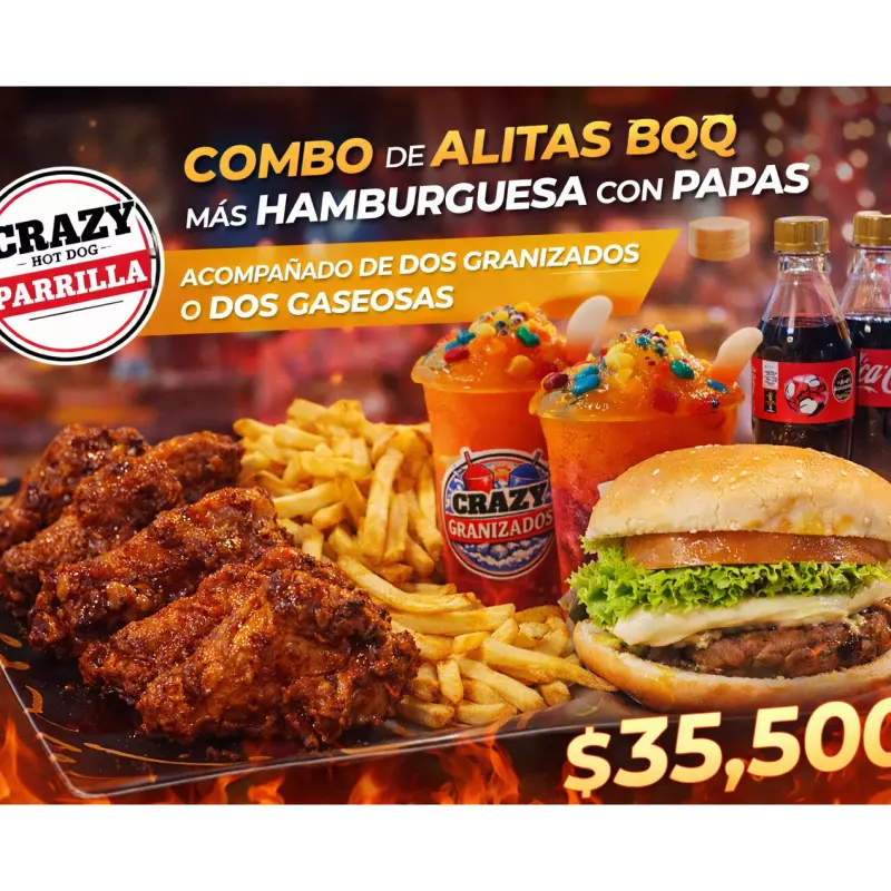 ALITAS +HAMBURGUESA+2gaseosa o 2 gra
