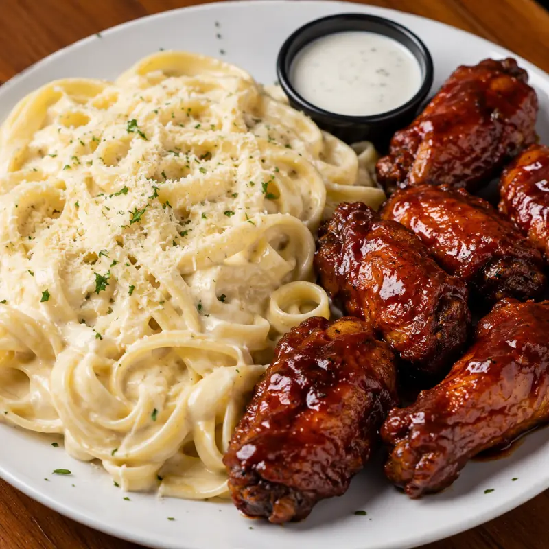 Fetuccini a lo Alfred c/ 6alitas bbq