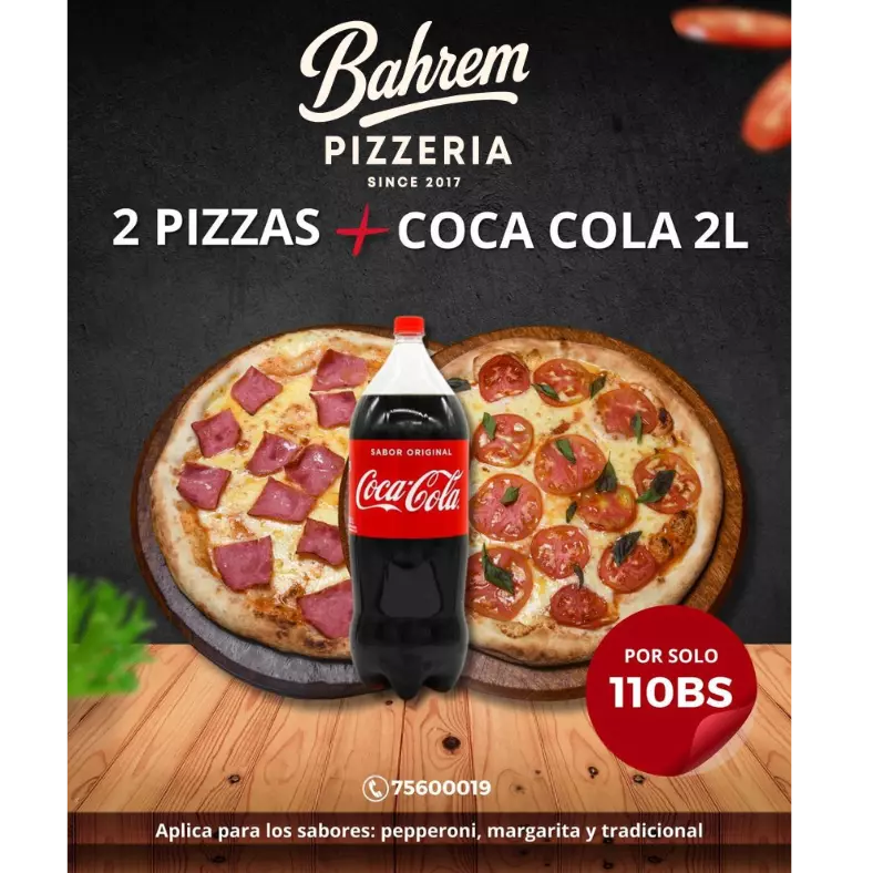 2 pizzas familiares + gaseosa de 2lt