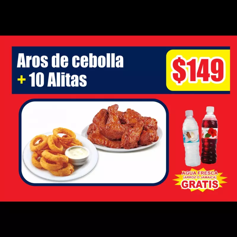 10 alitas adobadas+aros de cebolla