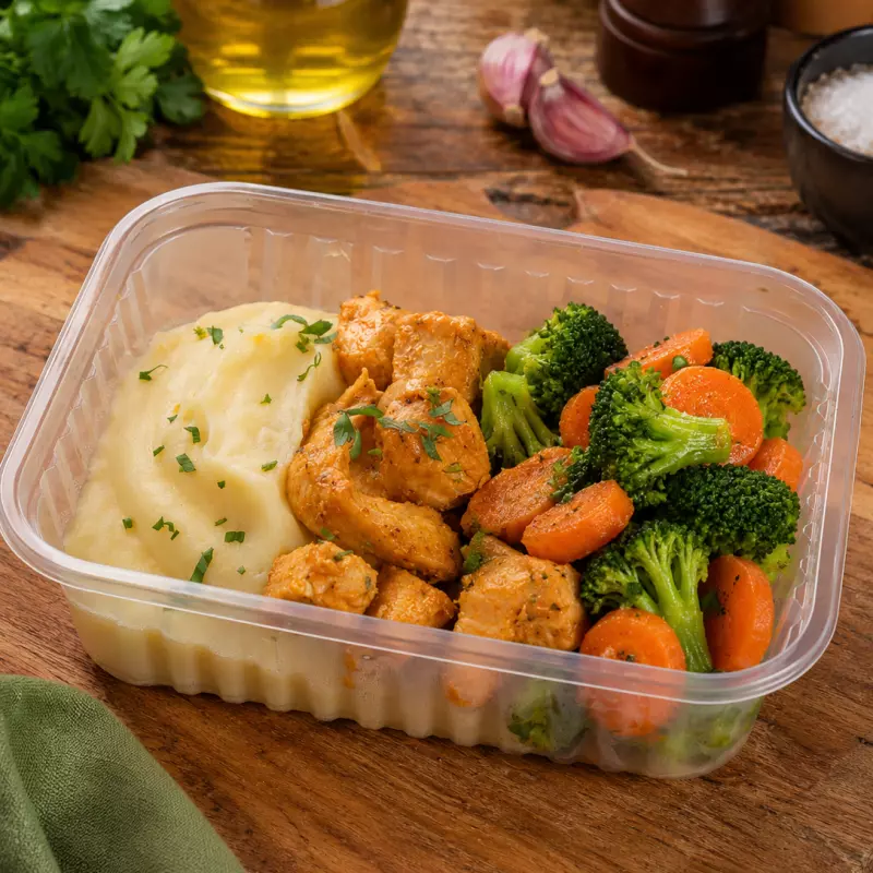 Frango,Purê de Batata Doce e Legumes