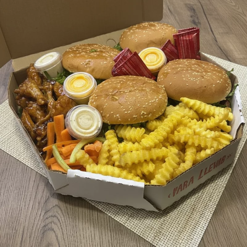 Charola 4 burger,alitas,papas