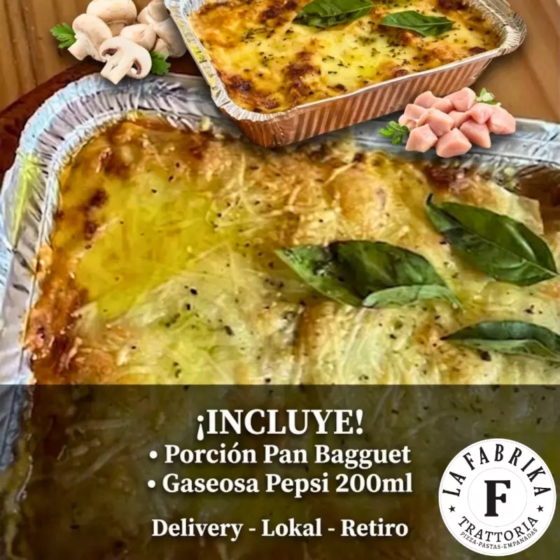 Lasaña+bebida+pan baguette