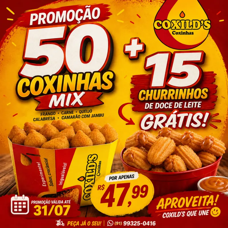 50  COXINHAS MIX+15 CHURROS GRÁTIS