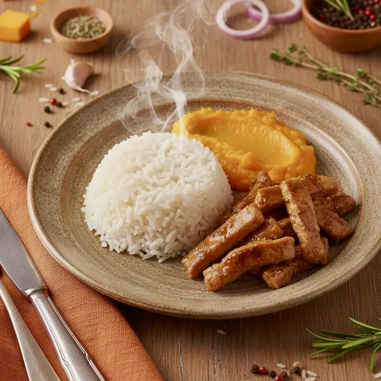 Pernil em Tiras Purê Abóbora Arroz
