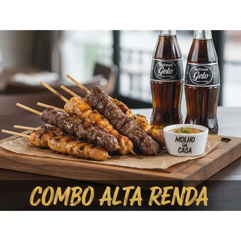 Combo Alta Renda: 6 Espetinhos + 2 Refrigerantes + Molho da Casa