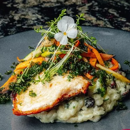 Trout crusted with roasted garlic