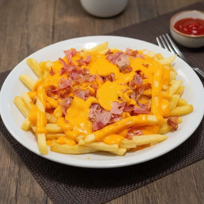 Papas fritas con cheddar y panceta