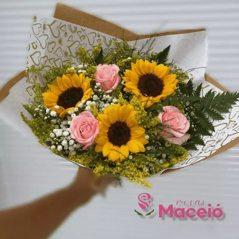 Buquê com 3 girassóis + 3 rosas rosa