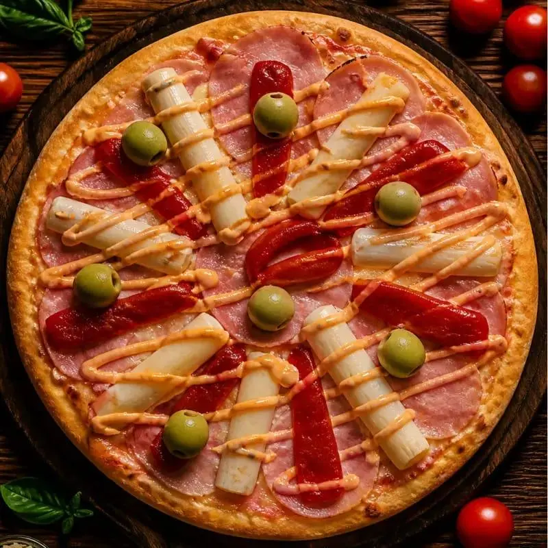 PIZZA JAMON, MORRON Y PALMITO