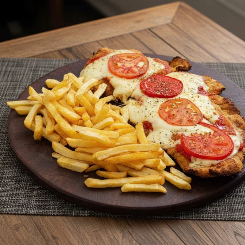 Milanesa de carne napolitana con fritas