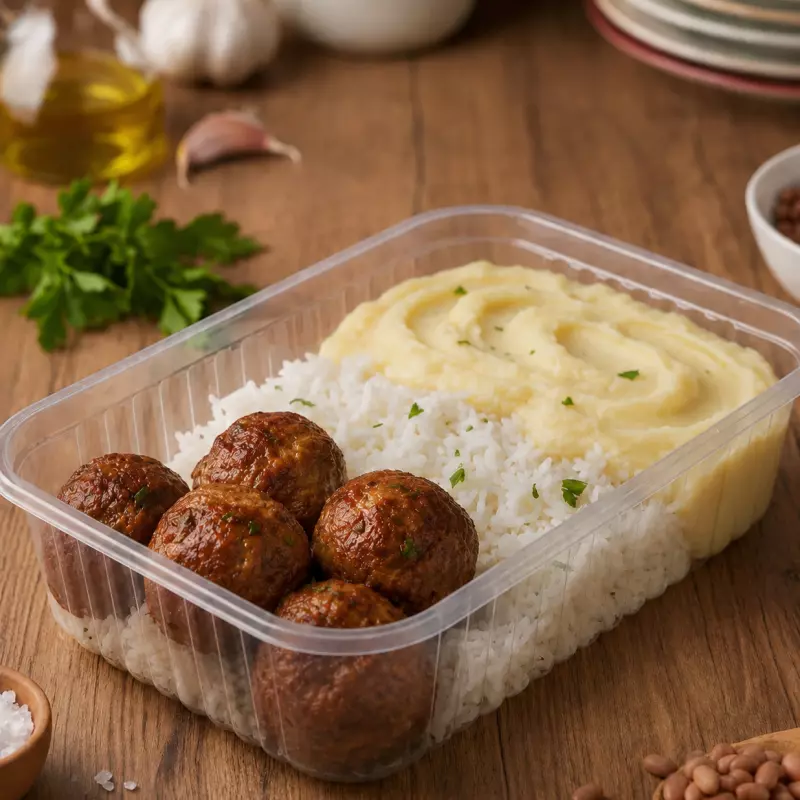 Bolinho de Carne, Purê e Arroz