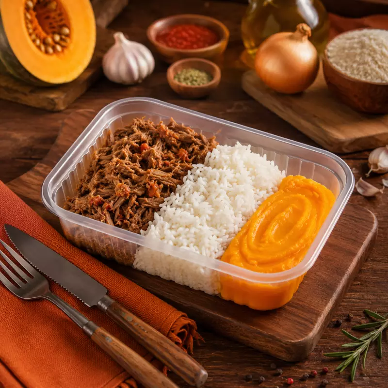 Pernil Desfiado Purê Abóbora Arroz