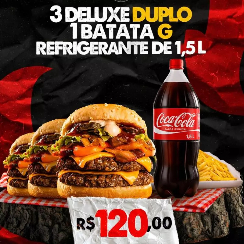 3 DELUXES DUPLOS, 1 BTT G, COCA 1,5L