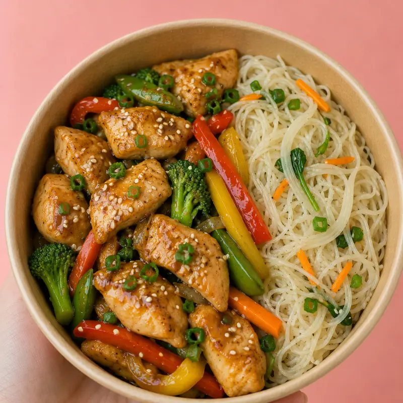 Pollo oriental con fideos de arroz