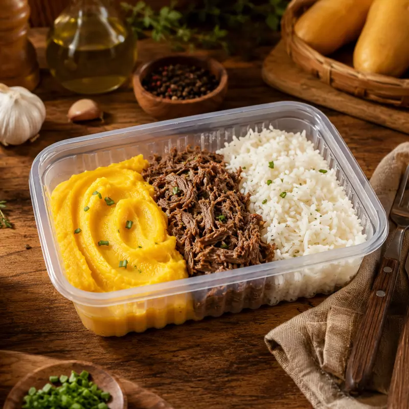 Carne Desfiada, Purê Mandioq. Arroz