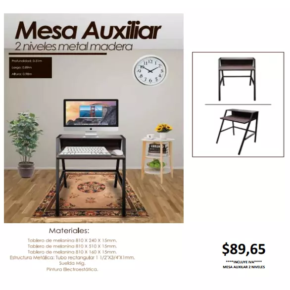 MESA AUXILIAR 2 NIVELES METAL MADERA