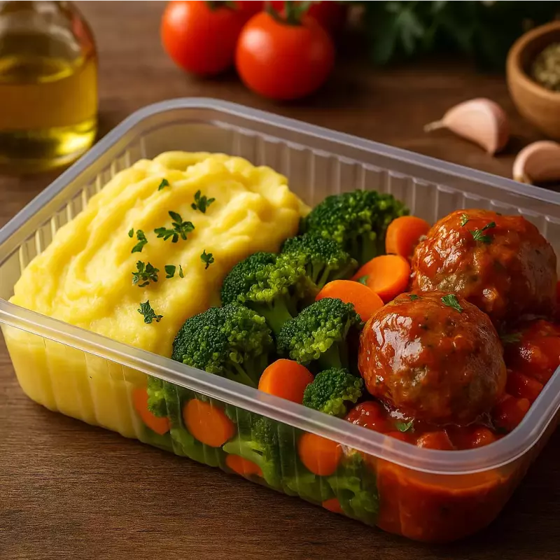 Almôndega de Grão B., Purê e Legumes