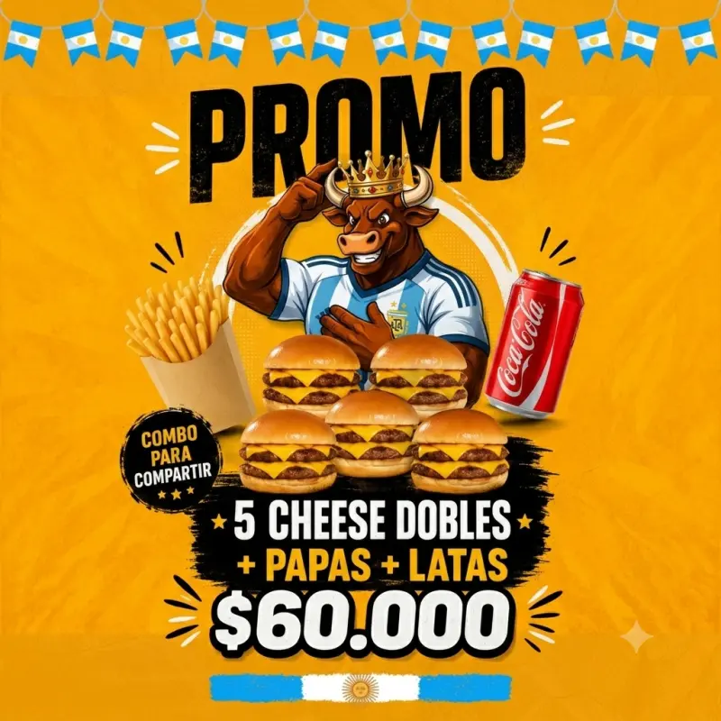 PROMO: 5 Doble Cheese + papa + lata