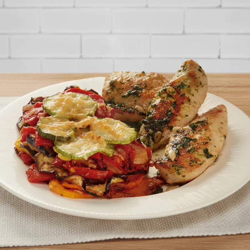 Pollo con milhojas de verdura