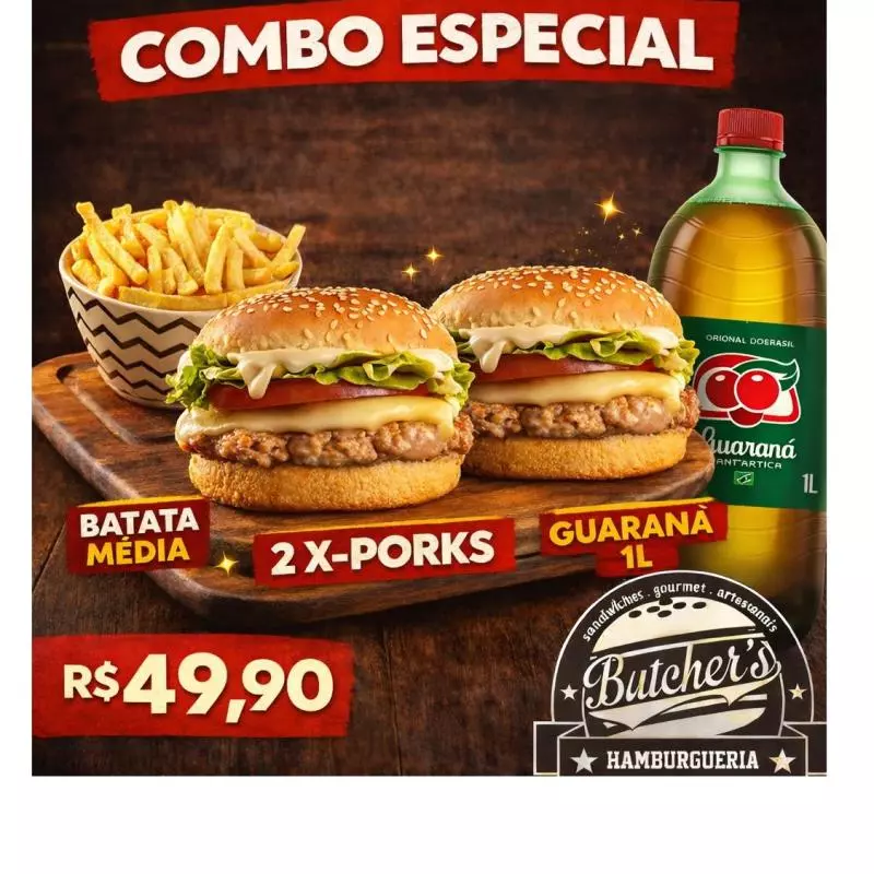 2 X-PORKS, 1 BATATA M, REFRI 1L