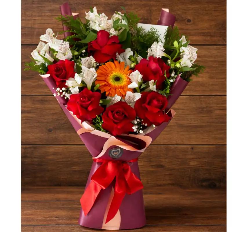 Buquê coreano 6 rosas e uma gérbera