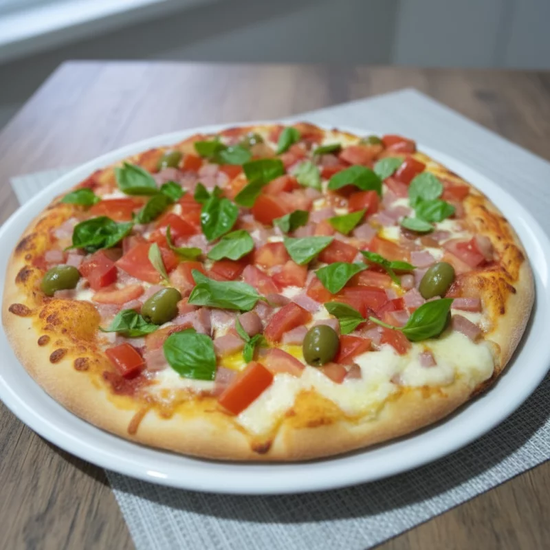 • Pizza de Jamón, Tomate y Albahaca