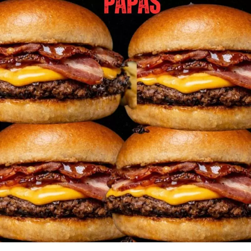 4 CHEDDAR Y BACON + PAPAS